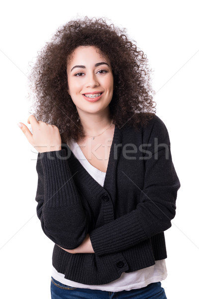 Jonge mooie gelukkig jonge vrouw bretels poseren Stockfoto © hsfelix