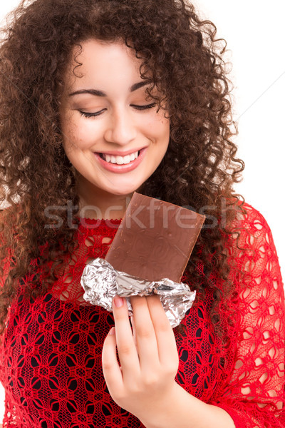 Chocolade mooie jonge vrouw eten hand Stockfoto © hsfelix