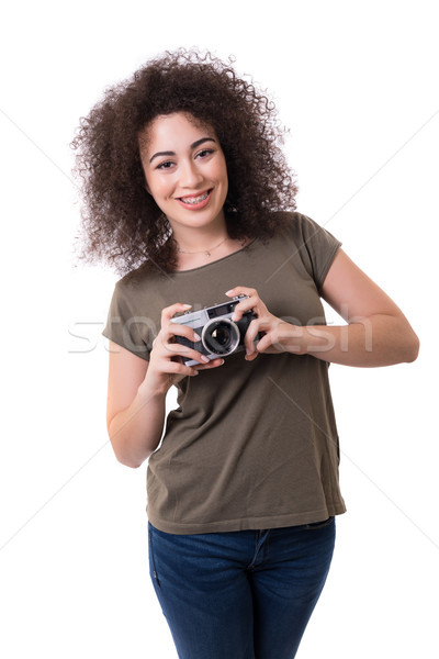 Warten erschossen schöne Frau halten isoliert Stock foto © hsfelix