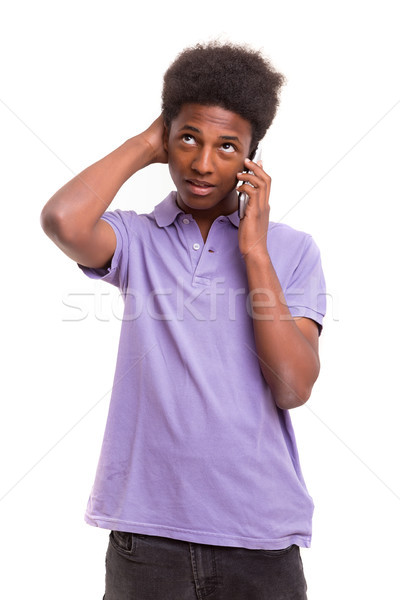 Foto stock: Telefone · direito · agora · jovem · africano · menino