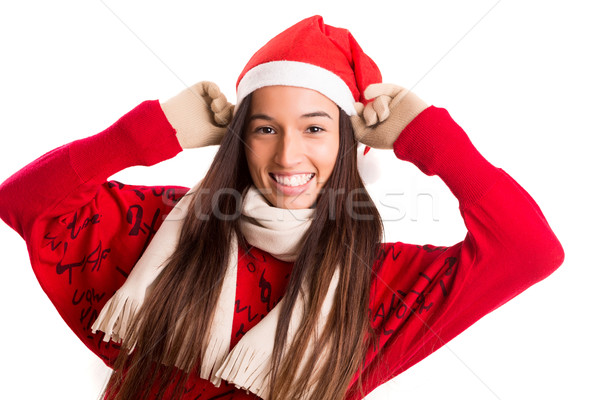 Asian kobieta szczęśliwy Święty mikołaj hat stwarzające Zdjęcia stock © hsfelix