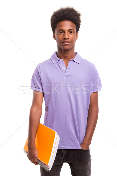 Foto stock: De · volta · à · escola · jovem · africano · estudante · posando · isolado