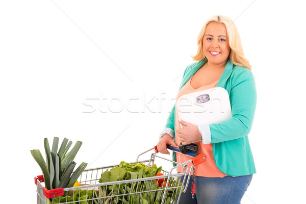 Groß Frau Supermarkt Suche gesunde Lebensmittel Fitness Stock foto © hsfelix