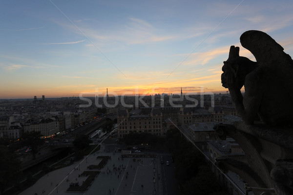 Stock fotó: Hölgy · néz · naplemente · Párizs · égbolt · templom