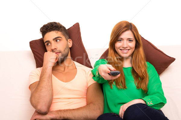 Couple regarder quelque chose télévision canapé [[stock_photo]] © hsfelix