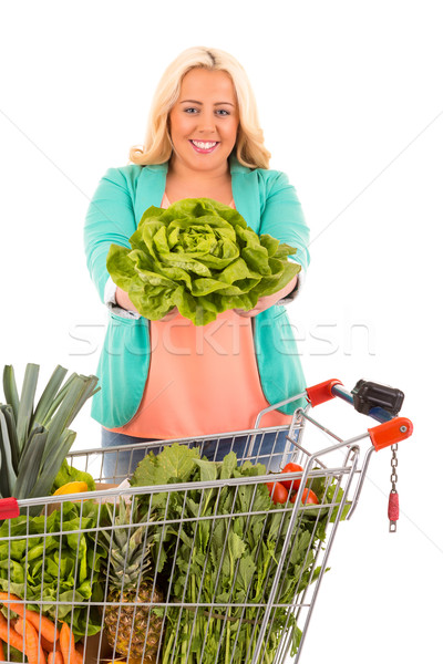 Groß Frau Supermarkt Suche gesunde Lebensmittel Fitness Stock foto © hsfelix