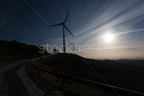 Stockfoto: Wind · energie · mooie · blauwe · hemel · zonsondergang · technologie
