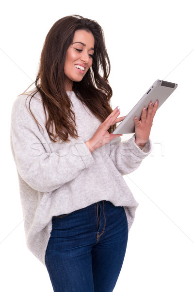 App nice schöne Frau arbeiten neue Tablet-Computer Stock foto © hsfelix