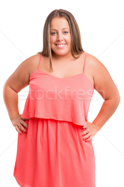 Foto stock: Mujer · feliz · posando · aislado · blanco · nina