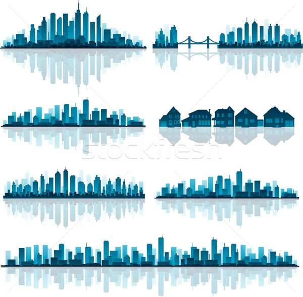 Stock foto: Set · detaillierte · Städte · Silhouette · blau · Stadtbild