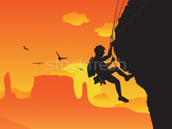 Alpinism om sportiv peisaj portocaliu stâncă Imagine de stoc © huhulin