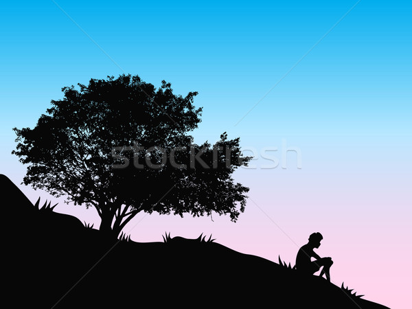 Сток-фото: дерево · закат · парень · сидят · холме · Смотреть