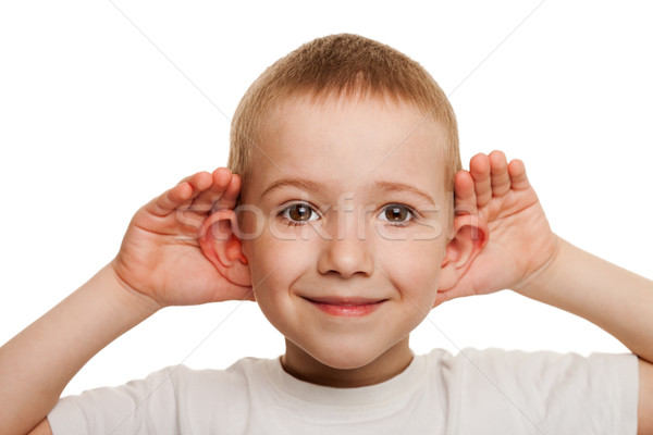 Сток-фото: ребенка · прослушивании · улыбаясь · человека · стороны · глухой