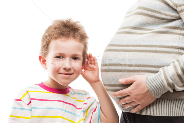 Stock foto: Neugierig · Kind · Junge · hören · schwanger · Mutter