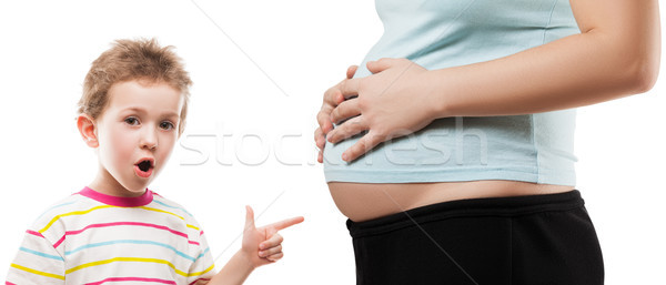 Foto stock: Nino · nino · senalando · embarazadas · madre · abdomen