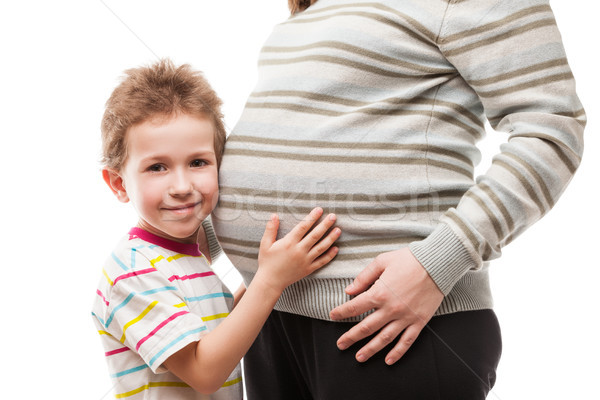 Stockfoto: Weinig · zoon · aanraken · bonding · zwangere · moeder