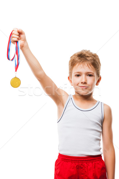 Mosolyog atléta bajnok gyermek fiú gesztikulál Stock fotó © ia_64