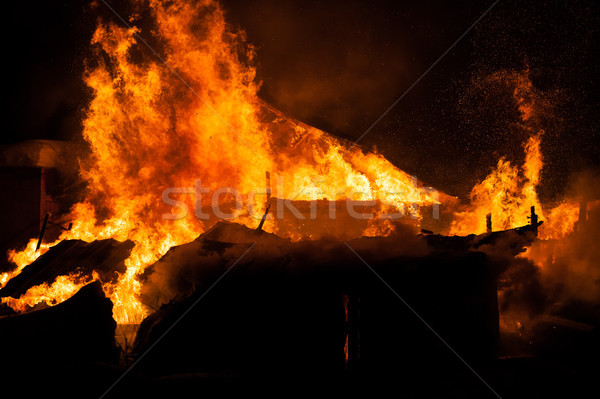 Burning fire flame on wooden house roof Stock photo © ia_64