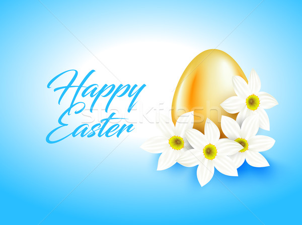 Orange color egg and white narcissus flower on light blue. Bright greeting card with Happy Easter Stock photo © Iaroslava