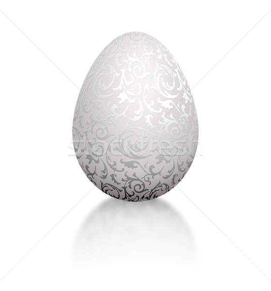 Stock photo: White natural color realistic egg with silver metallic floral pattern. Isolated on white background 