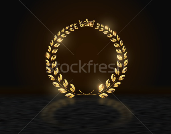 Detailed round golden laurel wreath crown award on dark background with reflection. Gold ring frame  Stock photo © Iaroslava