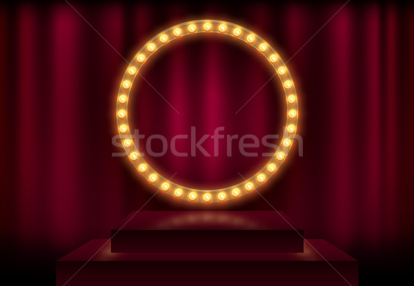 Round frame with glowing shiny light bulbs, vector illustration. Shining party banner on red curtain Stock photo © Iaroslava
