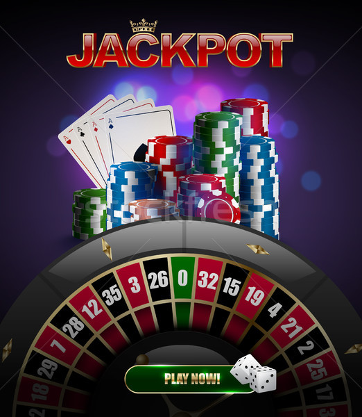 Vector stacks of red, blue, green casino chips top side view, playing cards poker four aces, jackpot Stock photo © Iaroslava