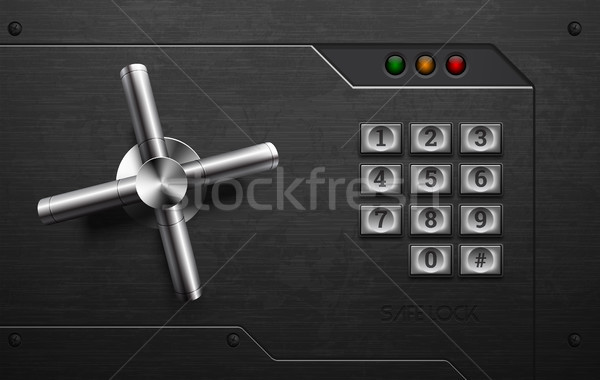 Realistic safe lock metal element on brushed black iron background with rivet. Stainless steel wheel Stock photo © Iaroslava