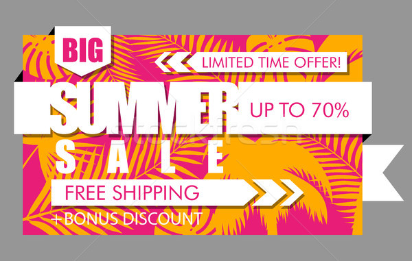 Summer sale banner with tropical exotic palm leaves and plant orange and pink background. Vector Stock photo © Iaroslava