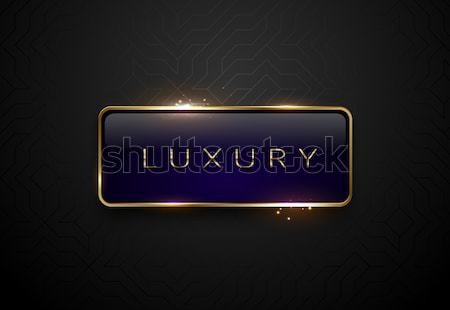Luxury blue label with golden frame sparks on black geometric pattern background. Dark premium Stock photo © Iaroslava