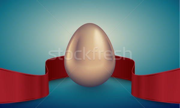 Glossy golden egg with red winding tape. Turquoise deep retro ribbon background idea. Vintage banner Stock photo © Iaroslava