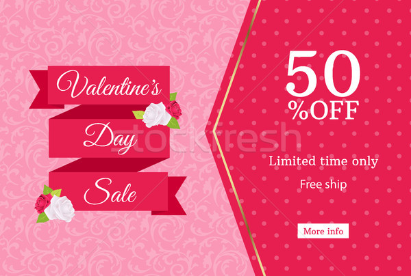 Valentines day sale web banner design template. Pink flat ribbon on floral background. Polka dot Stock photo © Iaroslava