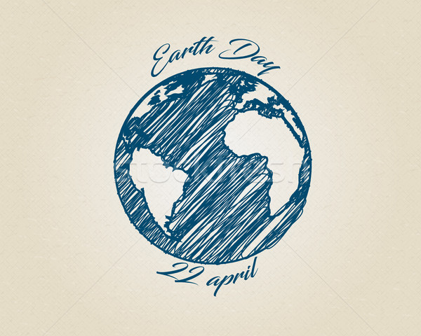 Blue ink sketch vector world globe planet with text around. Earth day drawing on recycling carton Stock photo © Iaroslava