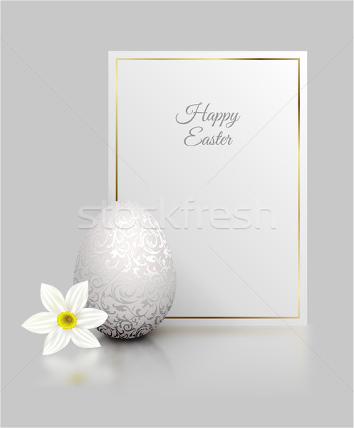 White Color Realistic Egg With Silver Metallic Floral Pattern And Happy Easter Card Golden Frame Vector Illustration C Iaroslava 8889983 Stockfresh