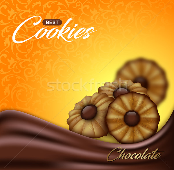 Buttery cookies with chocolate on floral pattern backdrop. Label, packaging or advertising poster Stock photo © Iaroslava