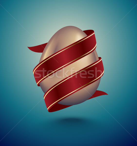 Glossy golden egg diagonal wrapped red ribbon. Turquoise deep retro tape background idea Stock photo © Iaroslava