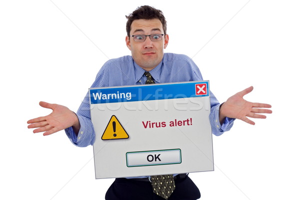 Foto d'archivio: Virus · avvisare · confusi · uomo · grande · software · per · computer