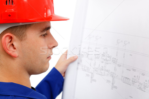 Young construction engineer surveying plans Stock photo © icefront