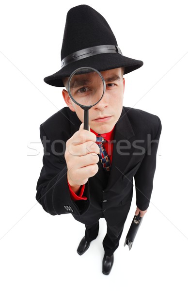 Foto stock: Grave · detective · mirando · lupa · jóvenes · maletín