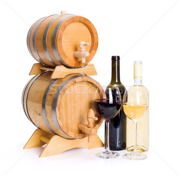 White and red wine in front of stacked barrels Stock photo © icefront