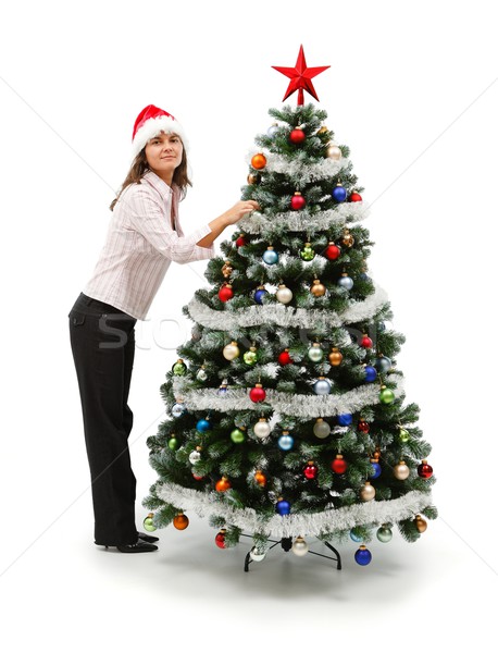 Foto stock: Mulher · árvore · de · natal · seis · estrela · branco