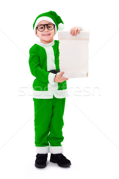 Little green Santa Claus boy showing wish list Stock photo © icefront
