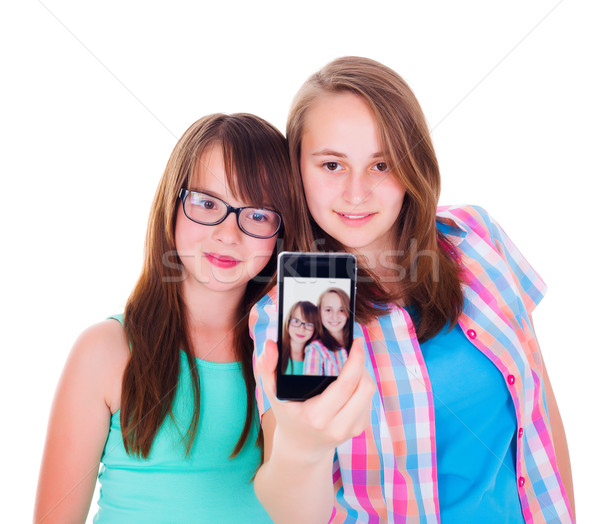 Stock foto: Freundinnen · Aufnahme · ziemlich · Mädchen · mobile · Porträt