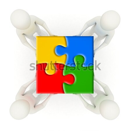 Stock photo: 3d men holding assembled jigsaw puzzle pieces