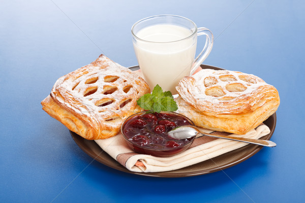 Sour cherry cake, jam and milk Stock photo © icefront
