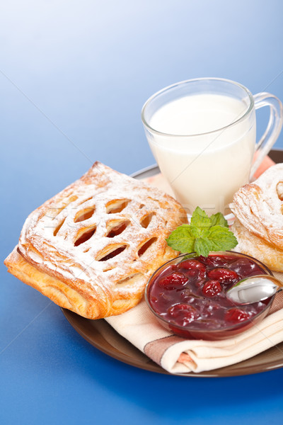 Sour cherry cake, jam and milk Stock photo © icefront