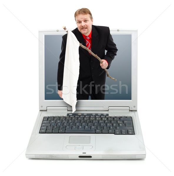 Stock photo: Man showing white flag from laptop