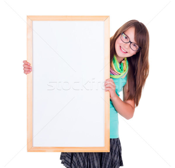 Meisje lege witte reclame boord Stockfoto © icefront