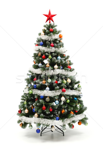 Foto stock: Colorido · decorado · artificial · árvore · de · natal · isolado · branco