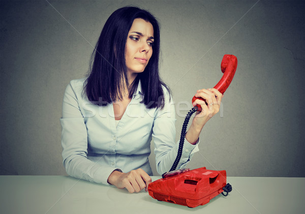 Foto stock: Confuso · mulher · má · notícia · telefone · cara · moda